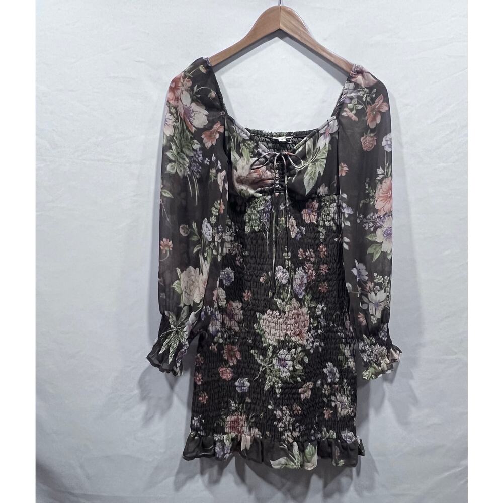 Sim & Sam Floral Puff-Sleeve Smocked Bodice Mini Dress Women's Size Small